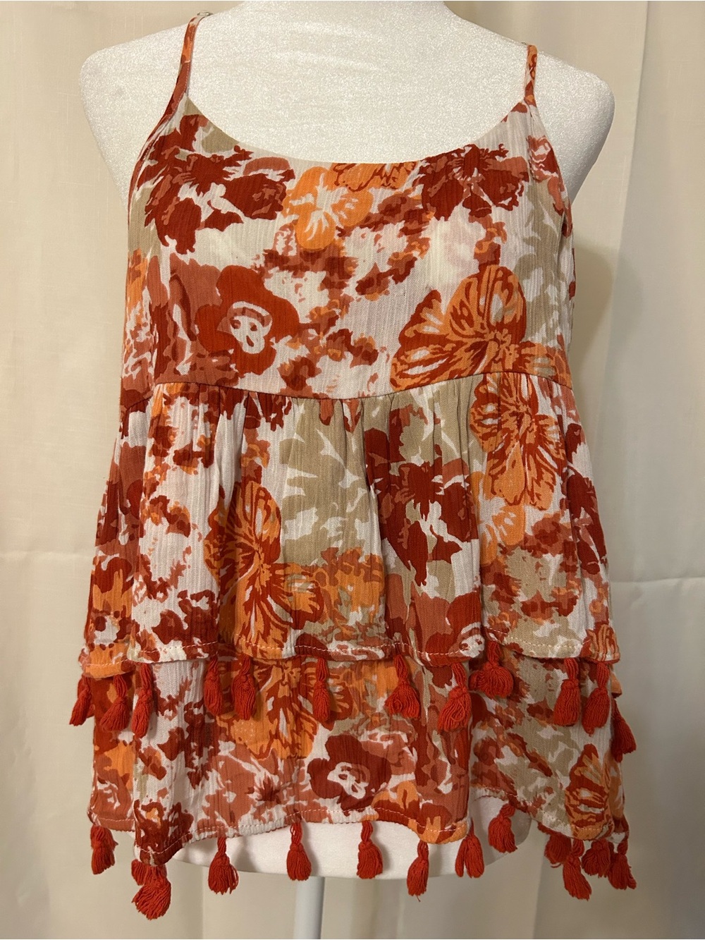 RAGA Orange Floral Tiered Tassel Cami Top
